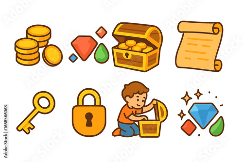 Hidden Treasures Icons. Flat vector mini-illustrations hidden treasures in colors children's illustrations: golden coins, jewels,