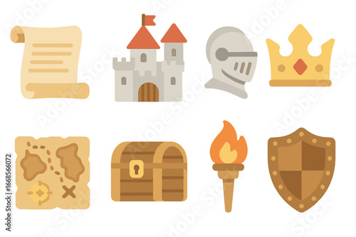 Historical Icons for Kids. Flat vector mini-illustrations history encyclopedia in colors children's illustrations: ancient scroll,