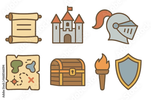 Historical Icons for Kids. Flat vector mini-illustrations history encyclopedia in colors children's illustrations: ancient scroll,