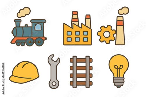 Industrial Icons Grid. Flat vector mini-illustrations industrial era in colors children's illustrations: steam engine, factory,