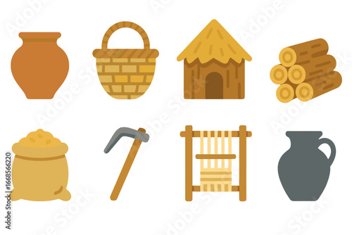 Iron Age Daily Life. Flat vector mini-illustrations Iron Age daily life in colors children's illustrations: clay pot, woven basket