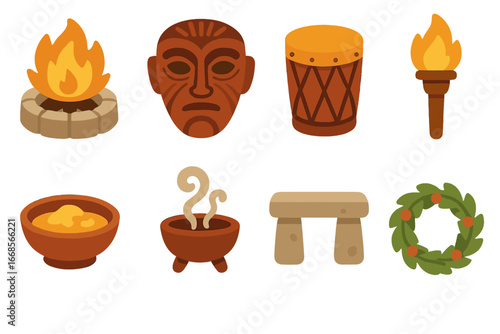 Iron Age Ritual Icons. Flat vector mini-illustrations Iron Age rituals in colors children's illustrations: fire pit, ceremonial