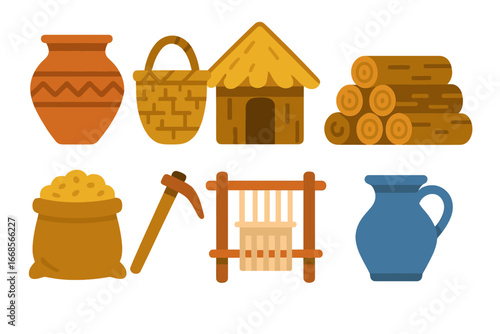 Iron Age Daily Life. Flat vector mini-illustrations Iron Age daily life in colors children's illustrations: clay pot, woven basket
