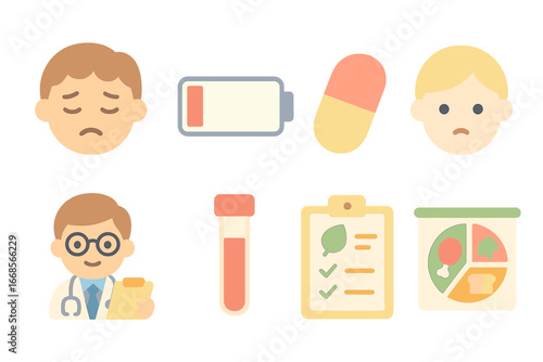 Iron Deficiency Icons. Flat vector mini-illustrations iron deficiency in colors children's illustrations: tired face, low energy