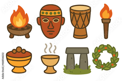 Iron Age Ritual Icons. Flat vector mini-illustrations Iron Age rituals in colors children's illustrations: fire pit, ceremonial
