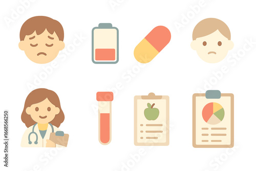 Iron Deficiency Icons. Flat vector mini-illustrations iron deficiency in colors children's illustrations: tired face, low energy
