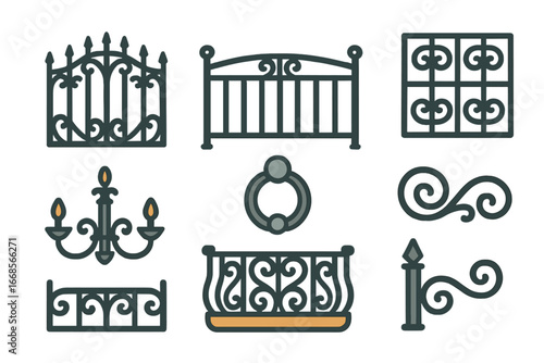 Iron Elements Illustrations. Flat vector mini-illustrations iron architectural elements in colors children's illustrations: iron