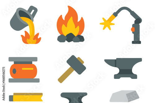 Ironworks Children's Illustrations. Flat vector mini-illustrations iron and steelworks in colors children's illustrations: molten