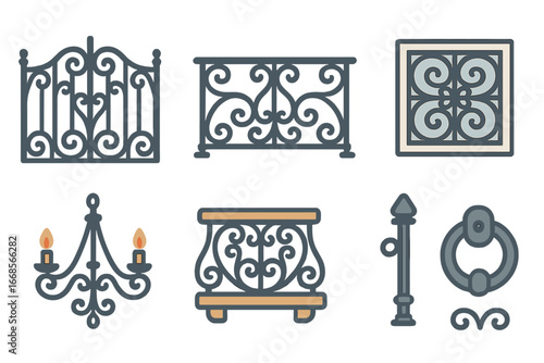 Iron Elements Illustrations. Flat vector mini-illustrations iron architectural elements in colors children's illustrations: iron