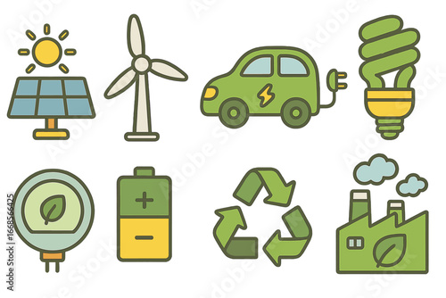 Kid's Green Tech Icons. Flat vector mini-illustrations green technology in colors children's illustrations: solar panel, wind