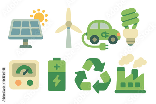 Kid's Green Tech Icons. Flat vector mini-illustrations green technology in colors children's illustrations: solar panel, wind