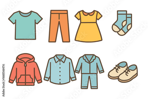 Kids' Clothes Icons. Flat vector mini-illustrations kids’ clothes wrinkle-free in colors children's illustrations: smooth t-shirt,