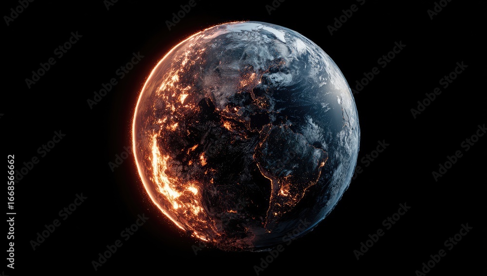 Naklejka premium Earth ablaze, a fiery sphere in the void. A detailed, digital image of Earth, with a fiery, orange-red border, contrasting with a dark, slightly blue-gray surface.