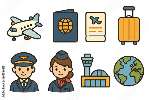 Kids' Flight Adventure. Flat vector mini-illustrations flight journey in colors children's illustrations: airplane, passport,