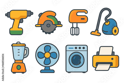 Kids' Motor Icons. Flat vector mini-illustrations motor tools in colors children's illustrations: drill motor, saw motor, mixer