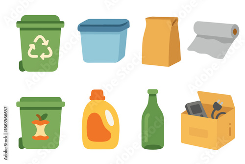 Kids' Recycling Icons. Flat vector mini-illustrations household recycling in colors children's illustrations: kitchen bin, plastic