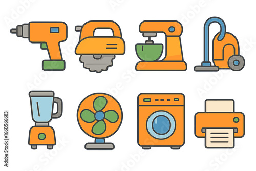 Kids' Motor Icons. Flat vector mini-illustrations motor tools in colors children's illustrations: drill motor, saw motor, mixer