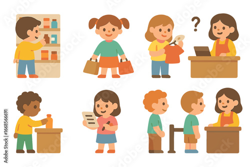 Kids' Shopping Activities. Flat vector mini-illustrations shop customer activities in colors children's illustrations: browsing