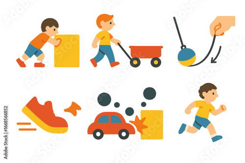 Kinetic Forces for Kids. Flat vector mini-illustrations kinetic forces in colors children's illustrations: push, pull, friction,