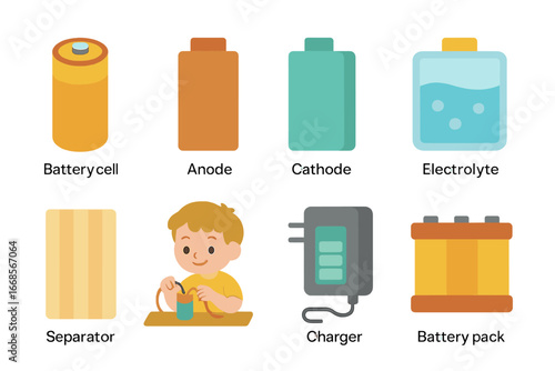 Lithium Battery Parts Illustration. Flat vector mini-illustrations lithium battery parts in colors children's illustrations:
