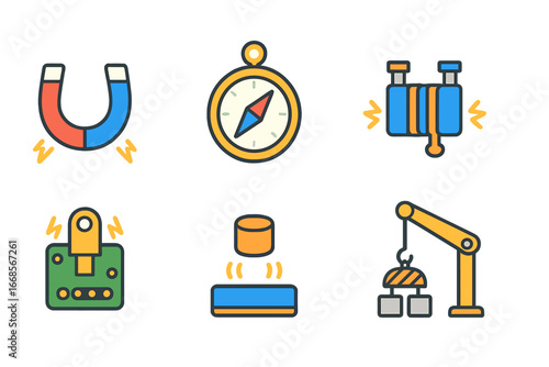 Magnetic Tools Icons. Flat vector mini-illustrations magnetic tools in colors children's illustrations: magnet, compass, metal