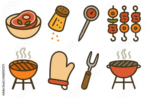 Meat Prep Icons. Flat vector mini-illustrations meat preparation in colors children's illustrations: marinating bowl, seasoning