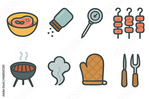 Meat Prep Icons. Flat vector mini-illustrations meat preparation in colors children's illustrations: marinating bowl, seasoning