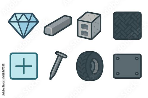 Materials in Strength Grid. Flat vector mini-illustrations material toughness in colors children's illustrations: diamond crystal,