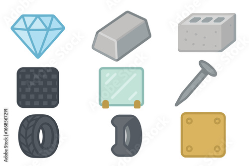 Materials in Strength Grid. Flat vector mini-illustrations material toughness in colors children's illustrations: diamond crystal,