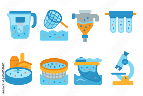 Microplastic Filtration Icons. Flat vector mini-illustrations microplastic filtration in colors children's illustrations: water