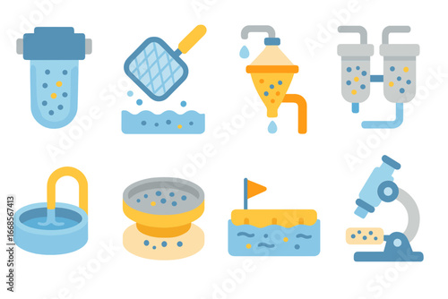 Microplastic Filtration Icons. Flat vector mini-illustrations microplastic filtration in colors children's illustrations: water
