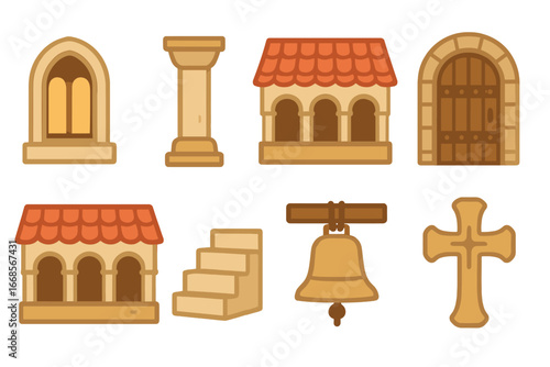 Monastery Architecture Icons. Flat vector mini-illustrations monastery architecture in colors children's illustrations: arched