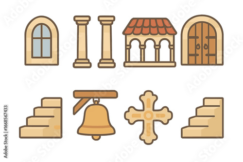Monastery Architecture Icons. Flat vector mini-illustrations monastery architecture in colors children's illustrations: arched
