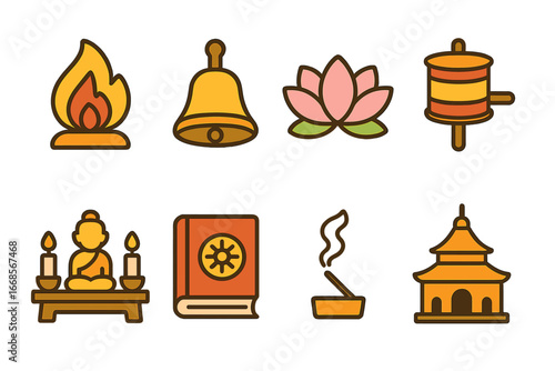 Monk Symbols for Kids. Flat vector mini-illustrations Monk symbols in colors children's illustrations: sacred flame, meditation