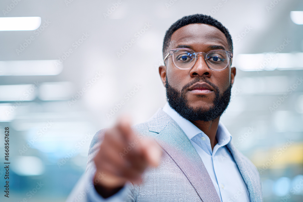 Obraz premium A confident man in a light suit gestures towards the camera, showcasing a professional demeanor in a modern office setting.