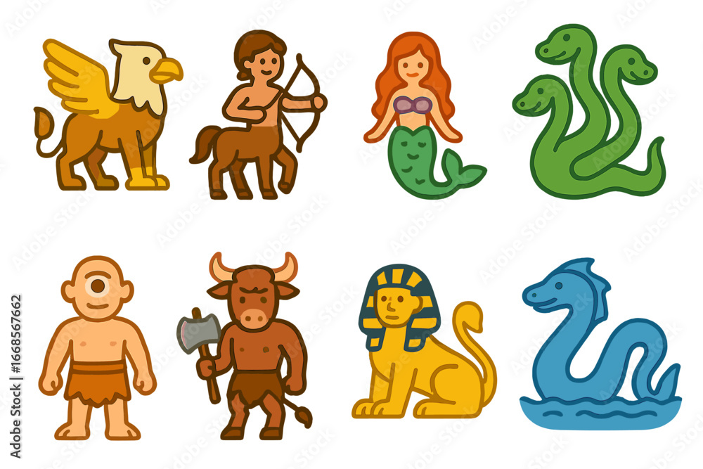 Fototapeta premium Mythical Creatures Icons. Flat vector mini-illustrations mythical creatures in colors children's illustrations: griffin, centaur,