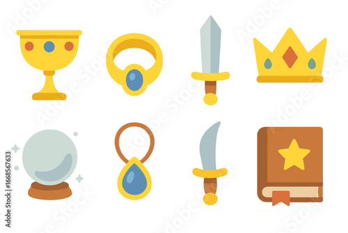 Mythic Artifacts Grid. Flat vector mini-illustrations mythic artifacts in colors children's illustrations: golden chalice, magic
