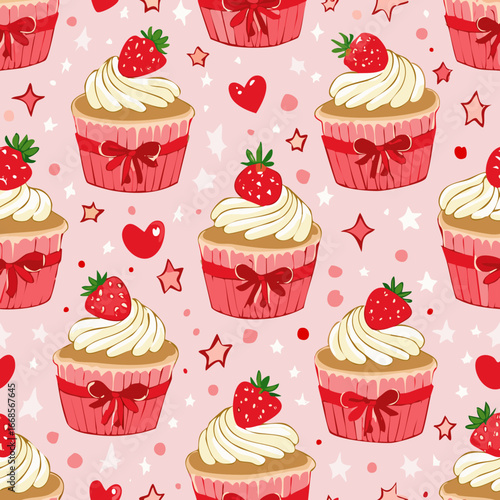 Seamless vector pattern with cute bento strawberry cake and red bows. Girly dessert on pink background. Hand drawn doodle coquette texture for wallpaper, wrapping paper, textile design
