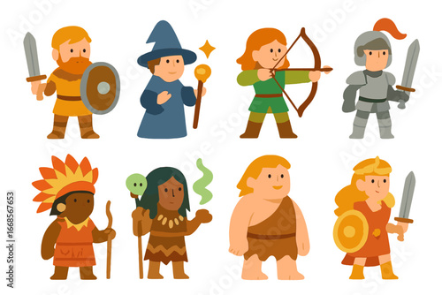 Mythic Heroes Icons. Flat vector mini-illustrations mythic heroes in colors children's illustrations: warrior with shield, mage
