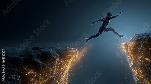 Silhouette of a determined person leaping across a fiery chasm between two rocky cliffs