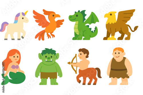Mythical Creatures Grid. Flat vector mini-illustrations mythical creatures in colors children's illustrations: unicorn, phoenix,