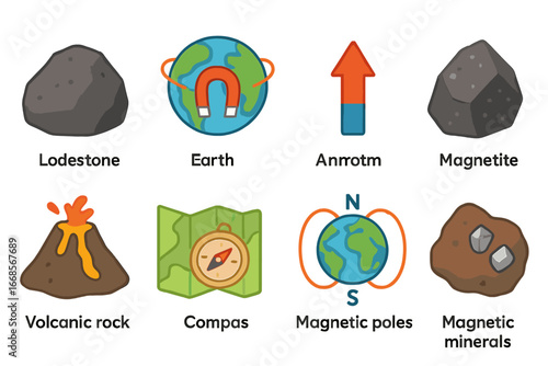 Natural Magnets Icons. Flat vector mini-illustrations natural magnets in colors children's illustrations: lodestone rock, earth