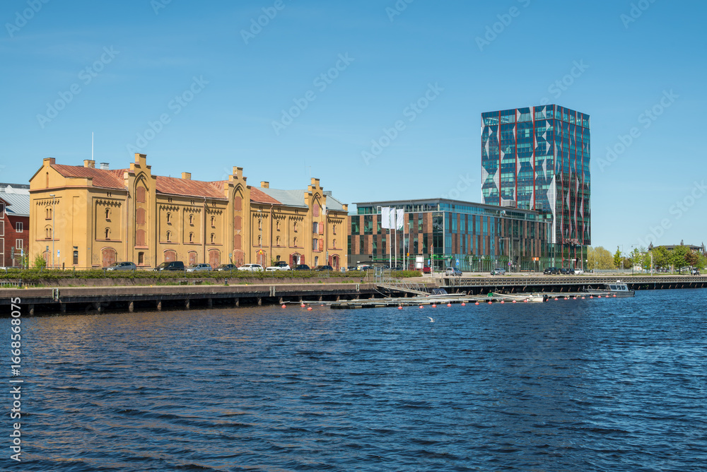 Naklejka premium New and old houses side by side in Gavle city in Sweden.