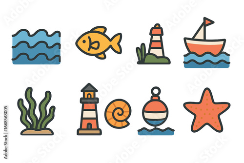 Ocean Icons for Kids. Flat vector mini-illustrations ocean current in colors children's illustrations: waves, fish, boat, seaweed,