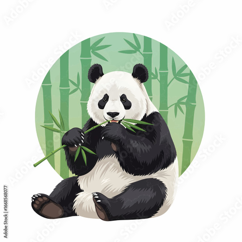 Panda sitting and eating bamboo with circle background illustration