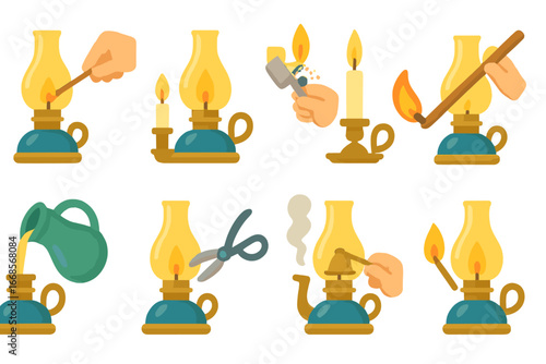 Oil Lamp Lighting Techniques. Flat vector mini-illustrations oil lamp lighting techniques in colors children's illustrations: