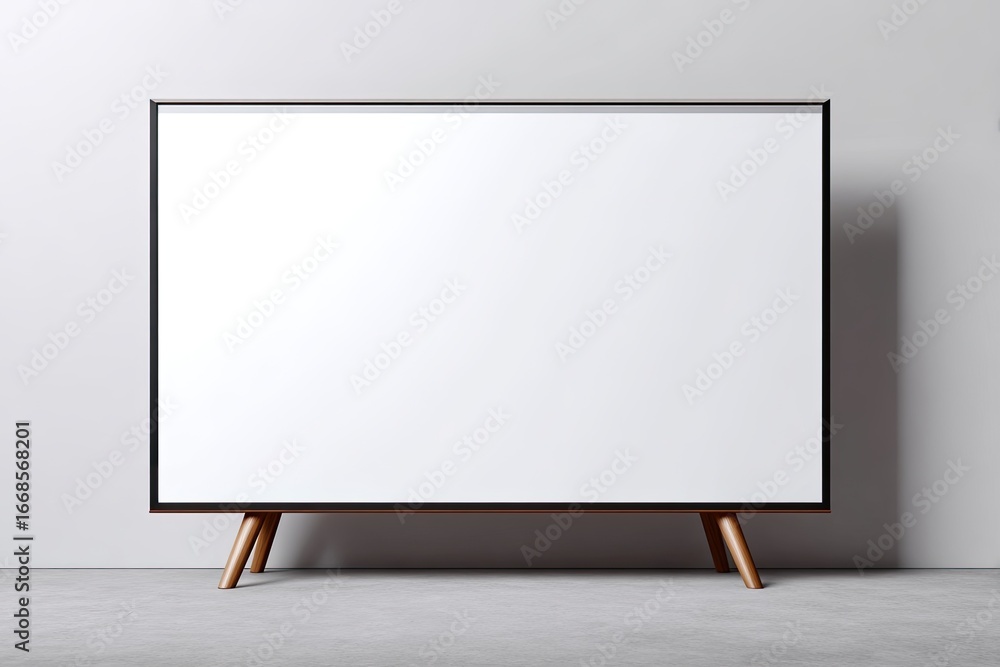 Naklejka premium Blank white TV screen on wooden stand against a white wall