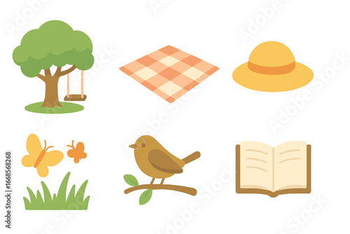 Outdoor Reading Adventure. Flat vector mini-illustrations reading outdoors in colors children's illustrations: tree with hanging