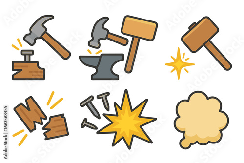 Playful Hammering Icons. Flat vector mini-illustrations hammer impact in colors children's illustrations: hammer hitting nail,