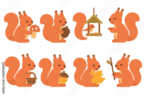 Playful Squirrels Collection. Flat vector mini-illustrations squirrels with objects in colors children's illustrations: squirrel